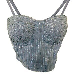 Jezbelroxii Womens Sequin Bustier Crop Top Blue Silver Size Small